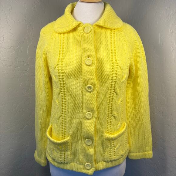 Source Unknown Sweaters - Vintage 70s Hand Knit Cardigan Sweater Lemon Yellow Cable Knit Collar Pockets M